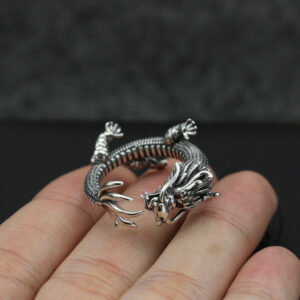 Three-Dimensional Coiled Dragon Ring Chinese Auspicious Dragon Pattern Vintage Distressed Silver Open Ring