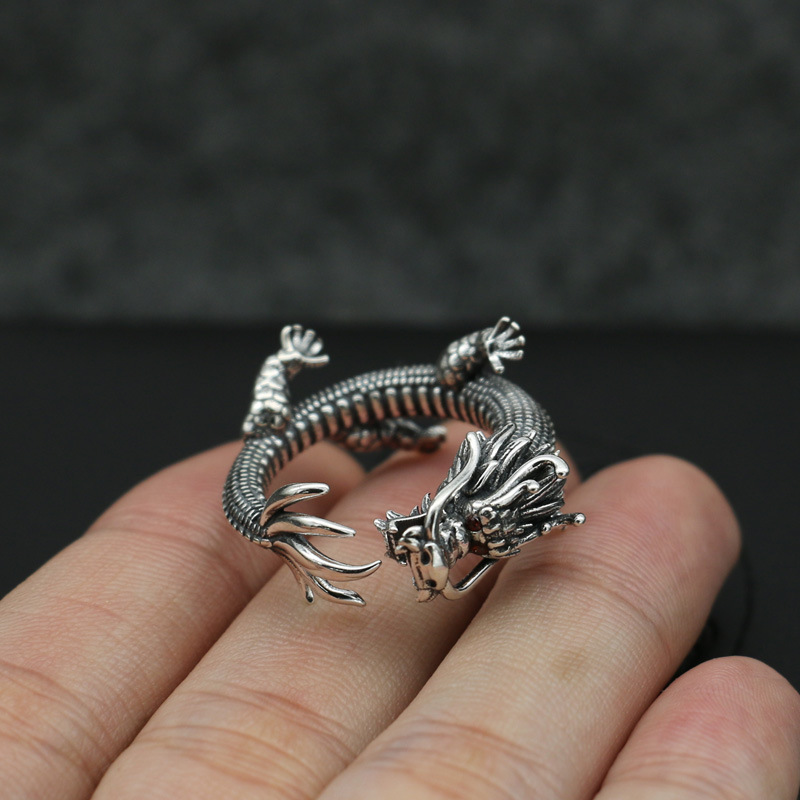 Hec3be89b3a2e4607bfa1d046fdcc5131I.jpg Three-Dimensional Coiled Dragon Ring Chinese Auspicious Dragon Pattern Vintage Distressed Silver Open Ring - Image 1